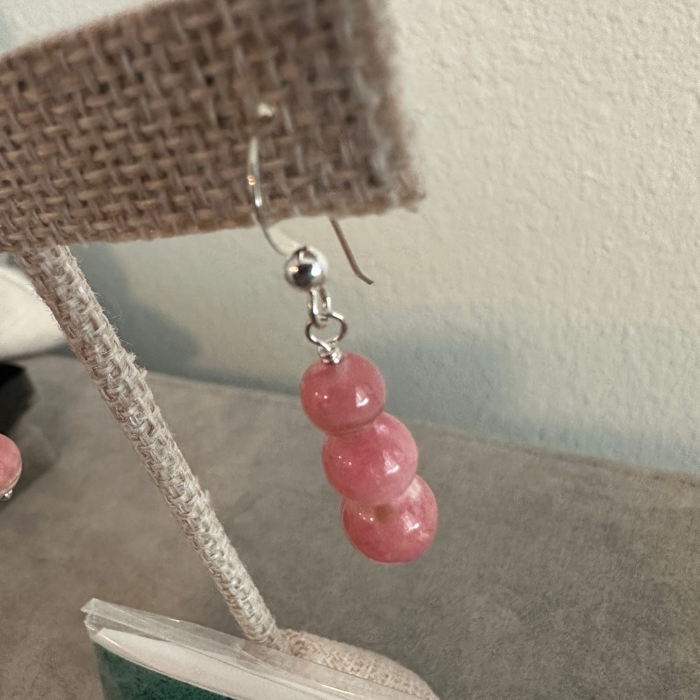 Rhodochrosite 3 bead drop earrings (pierced) by Jay King - Picture 3 of 7